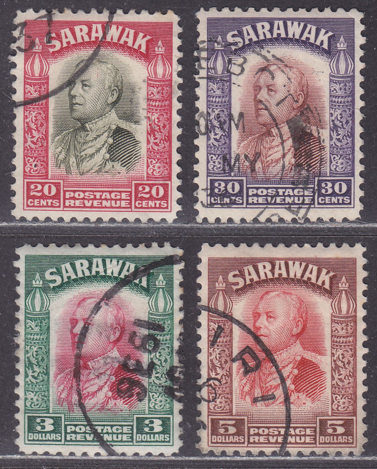 Sarawak 1934 KGV Charles Vyner Brooke 20c, 30c, $3, $5 Used cat £140