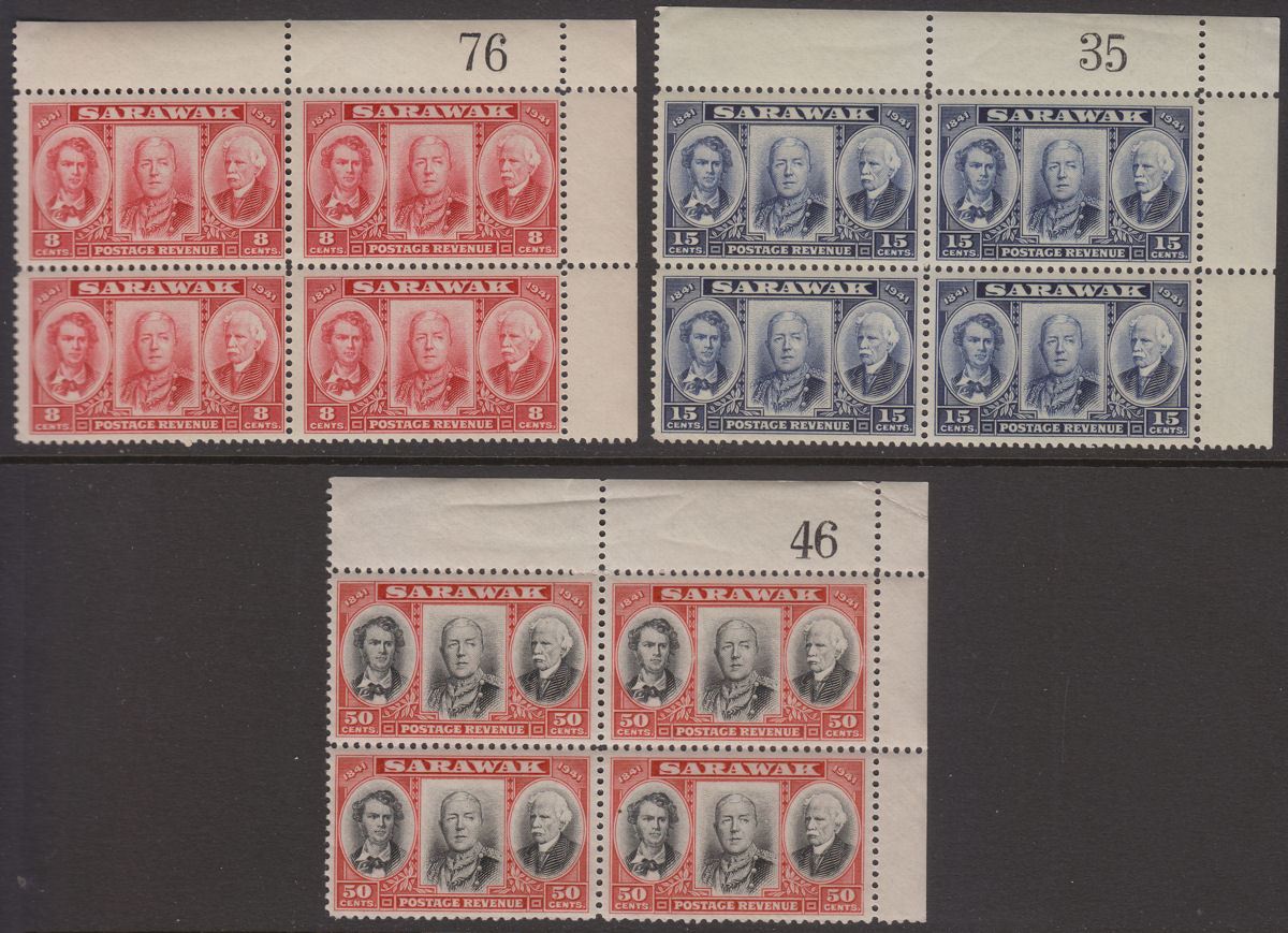 Sarawak 1946 KGVI Centenary Issue Block Set to 50c w Sheet Nos UM Mint SG146-148