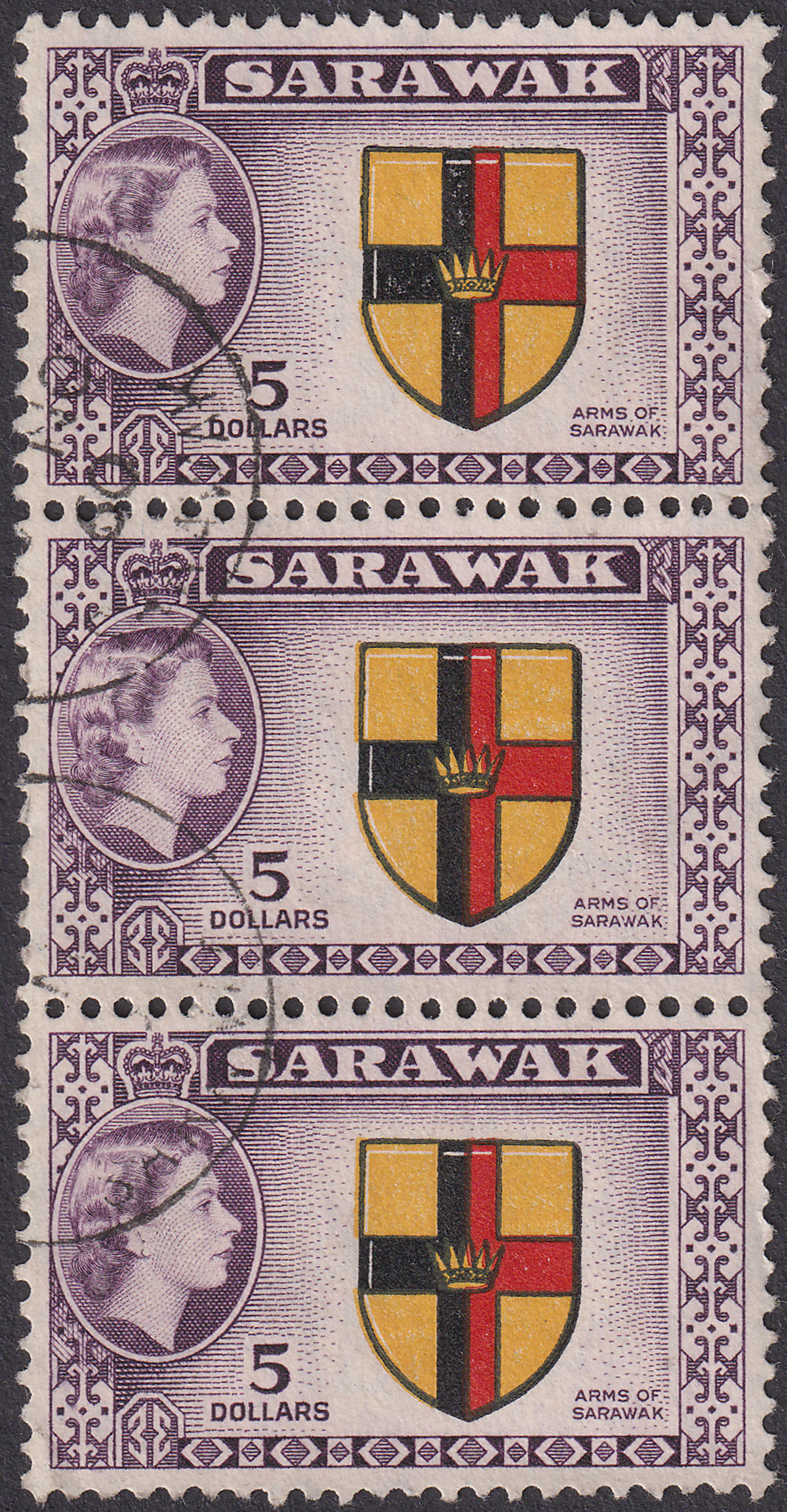 Sarawak 1957 Queen Elizabeth II Arms $5 Strip of 3 Used SG202 cat £60