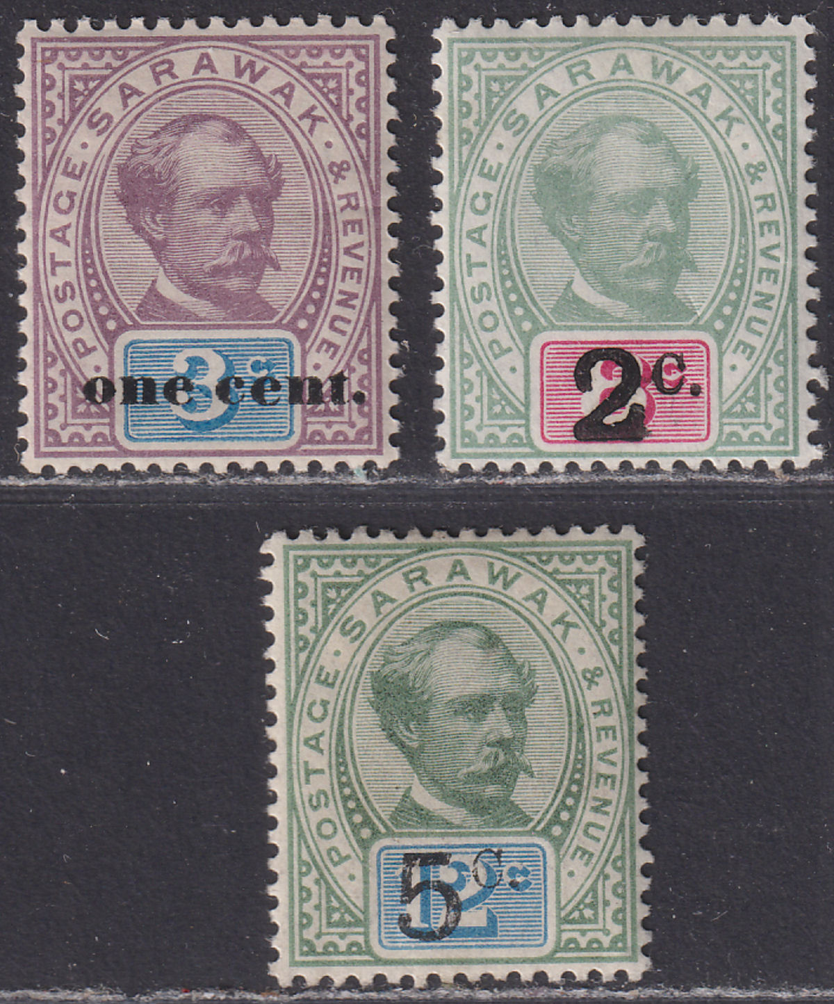 Sarawak 1889-92 QV Brooke 1c, 2c, 5c Surcharges Mint SG23-25 cat £50