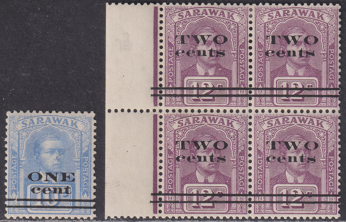 Sarawak 1923 KGV Vyner Brooke 1c on 10c, 2c on 12c Surcharges Mint SG72-73 c£50