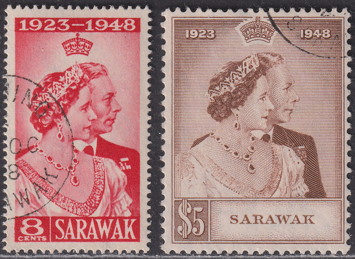 Sarawak 1948 KGVI Royal Silver Wedding 8c, $5 Used SG165-166 cat £65 RSW