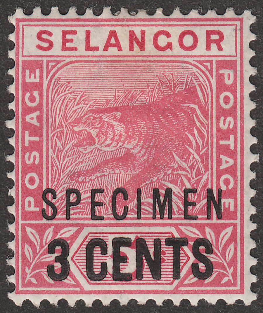 Malaya Selangor 1894 QV Leaping Tiger 3c on 5c Rose Specimen Overprint SG53s