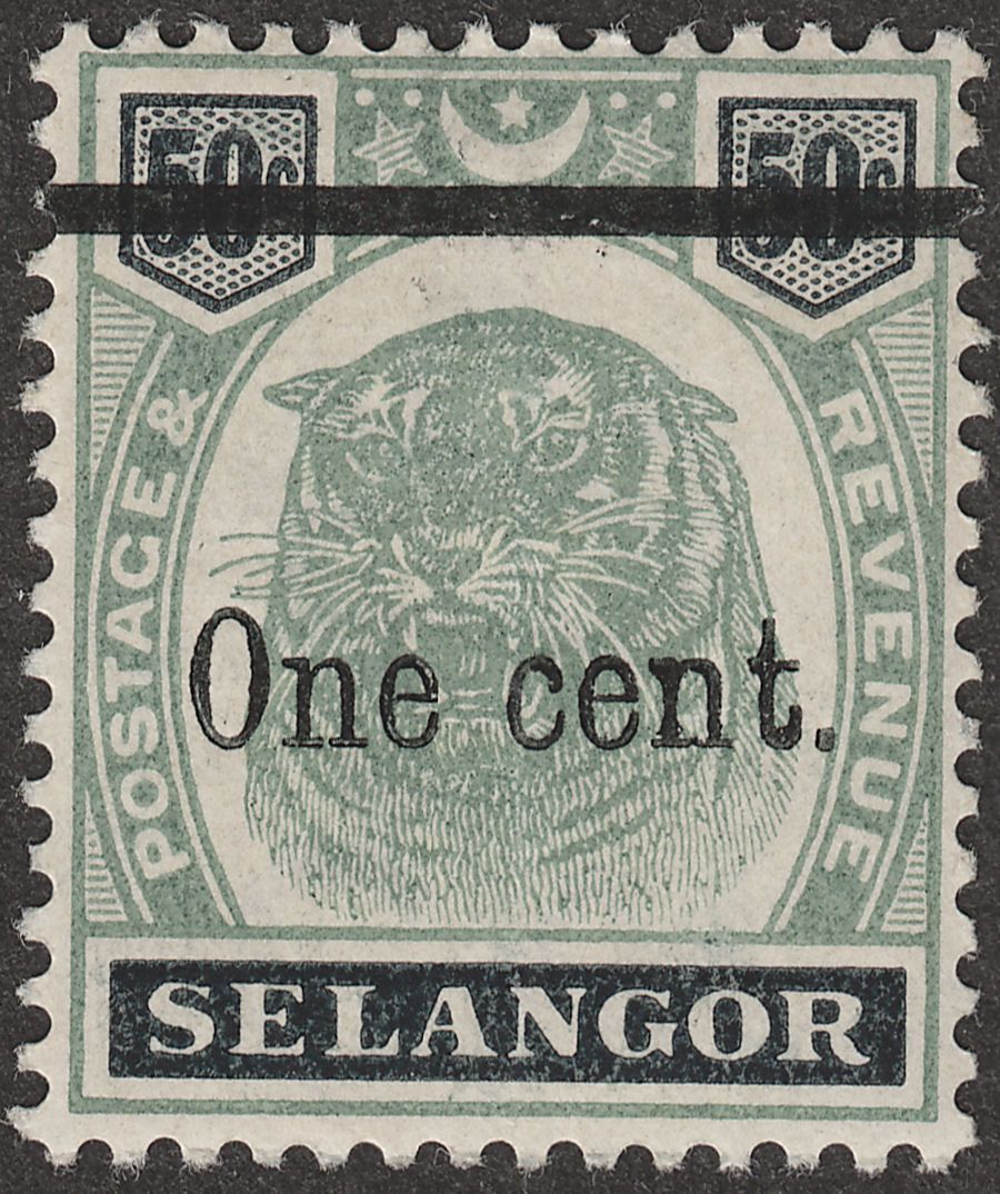 Malaya Selangor 1900 QV Tiger 1c Surcharge on 50c Mint SG66b