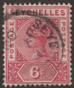 Click for more photos and details Seychelles 1900 QV 6c Carmine with Variety Repaired S Used SG29a