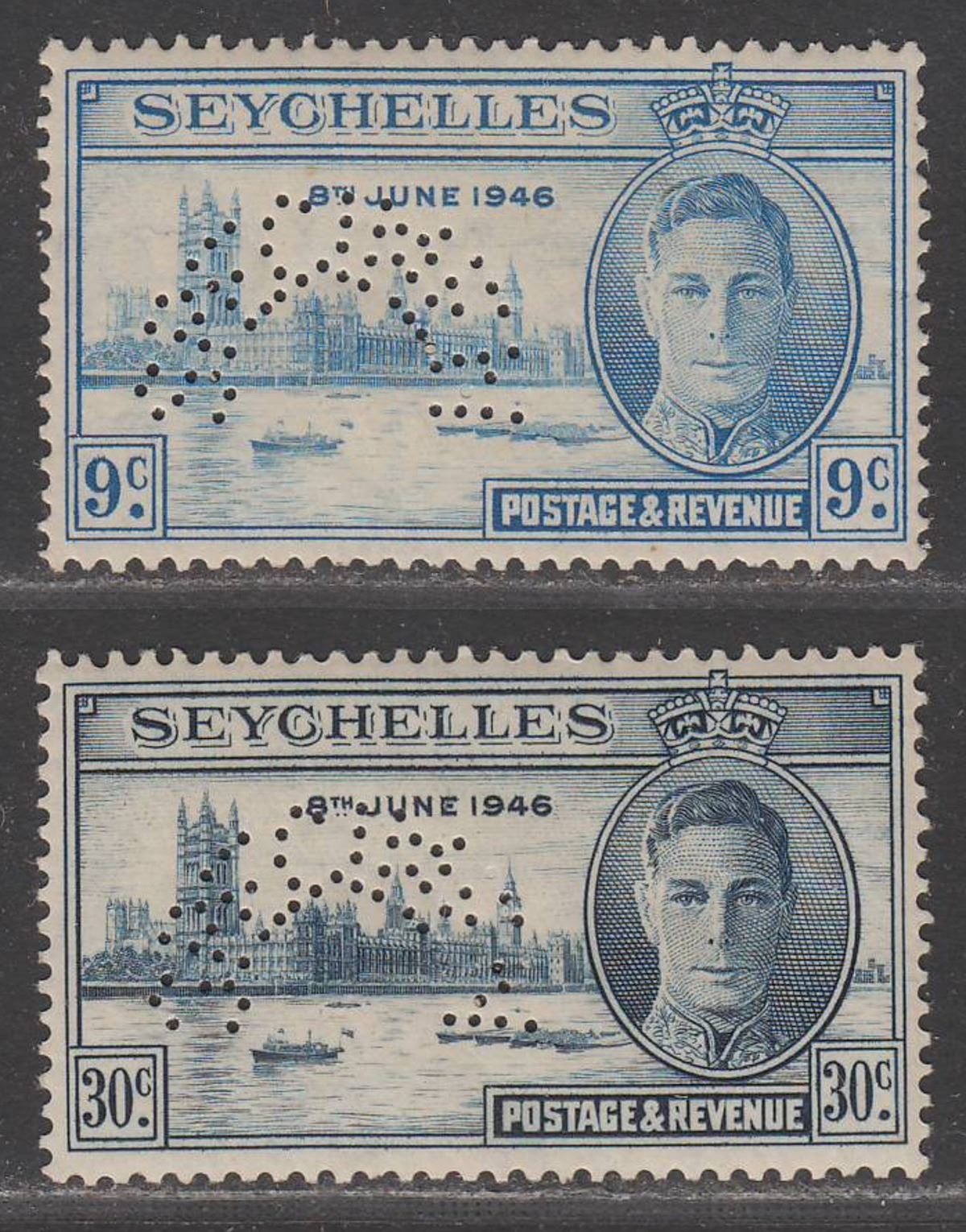 Seychelles 1946 KGVI Victory SPECIMEN Perf 9c, 30c Mint SG150s-151s c £95 toned