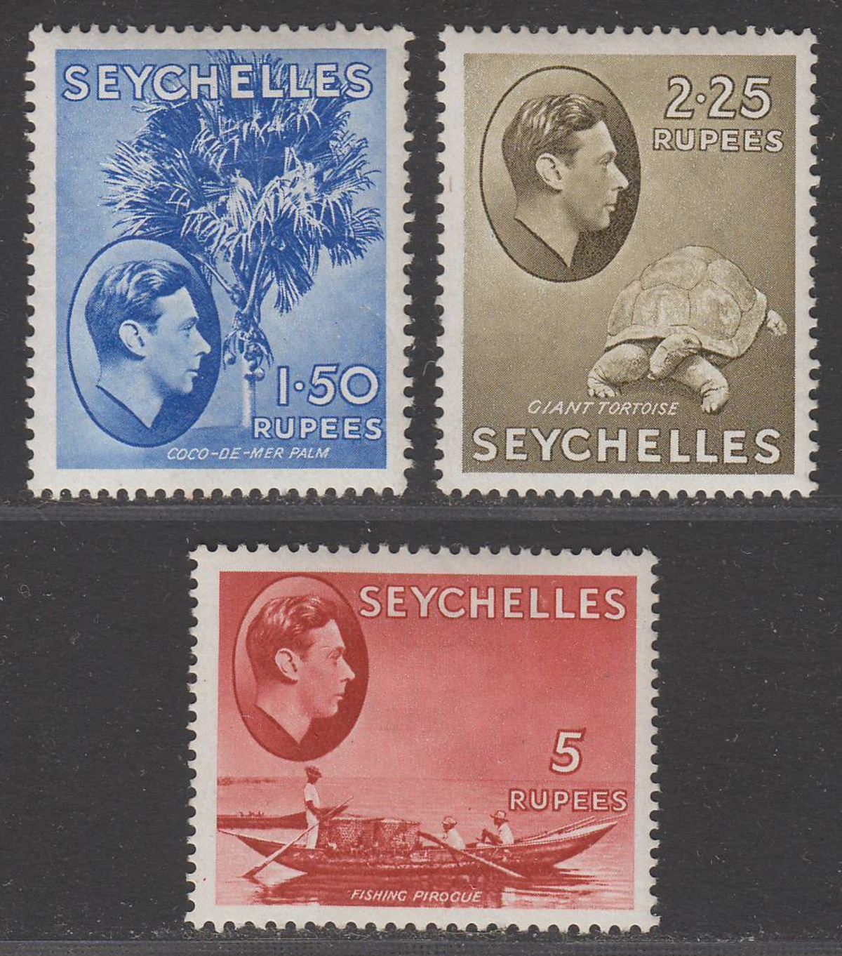 Seychelles 1938 KGVI 1r.50 Ultram, 2r.25 Olive, 5r Red Mint SG147a-149a cat £76