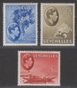 Click for more photos and details Seychelles 1938 KGVI 1r.50 Ultram, 2r.25 Olive, 5r Red Mint SG147a-149a cat £76