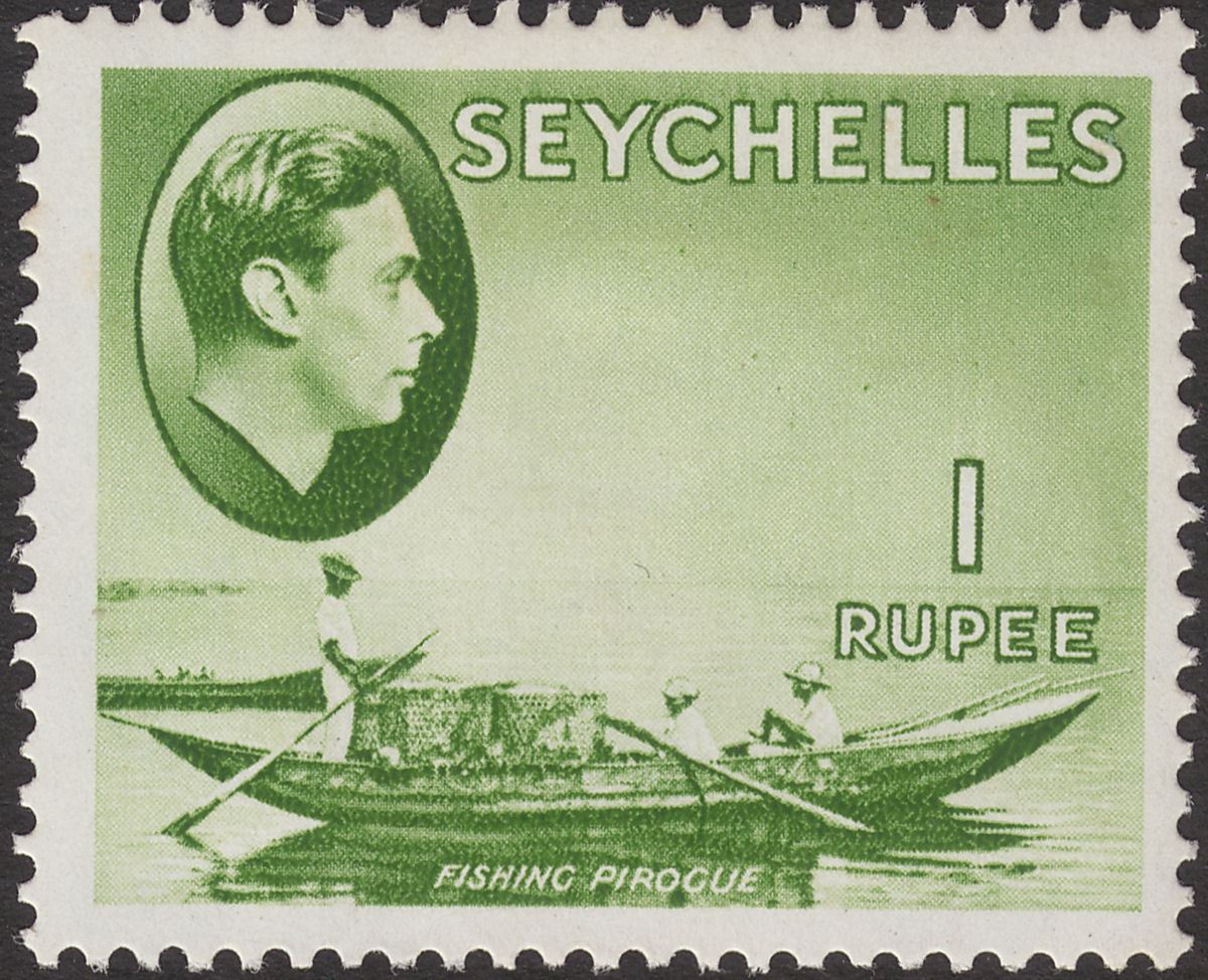 Seychelles 1938 KGVI Pirogue 1r Yellow-Green Mint SG146 cat £160 small faults