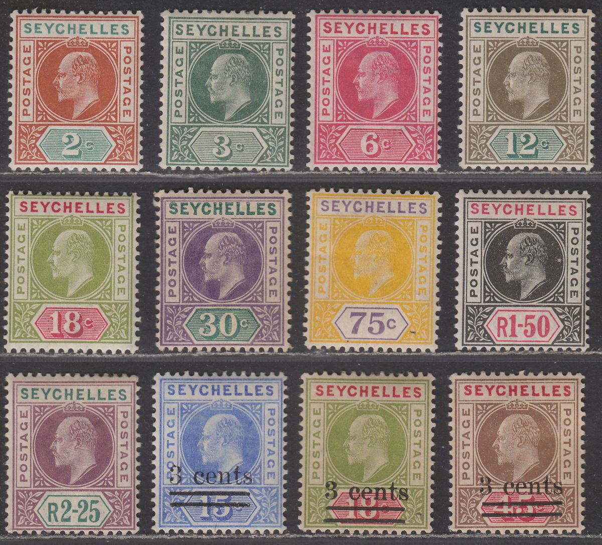 Seychelles 1903 King Edward VII Part Set to 2r.25 + Surcharge Set Mostly Mint