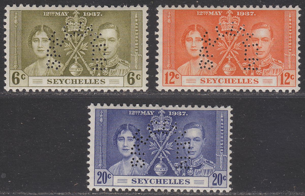 Seychelles 1937 KGVI Coronation SPECIMEN Perf Set Mint SG132s-134s cat £95
