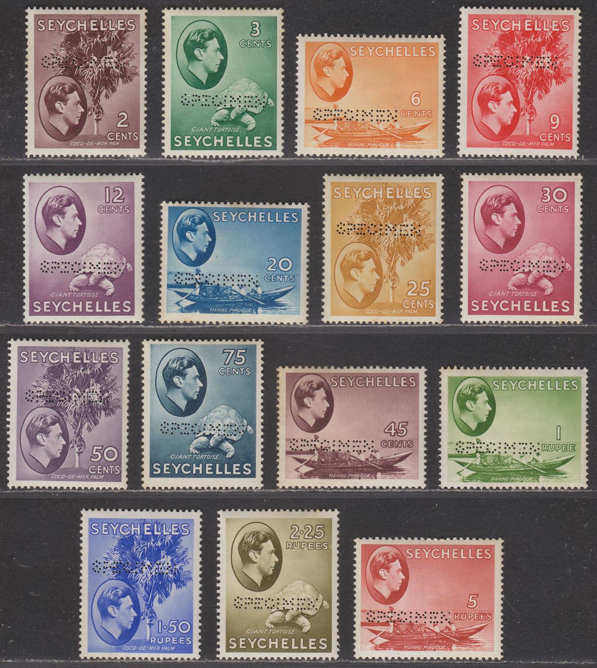 Seychelles 1938 King George VI SPECIMEN Perf Part Set to 5r Mint - tone spots