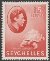 Click for more photos and details Seychelles 1941 KGVI Tortoise 15c Brown-Carmine Chalky Mint SG139a