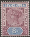 Click for more photos and details Seychelles 1892 QV 8c Brown-Purple and Ultramarine Die II Mint SG11
