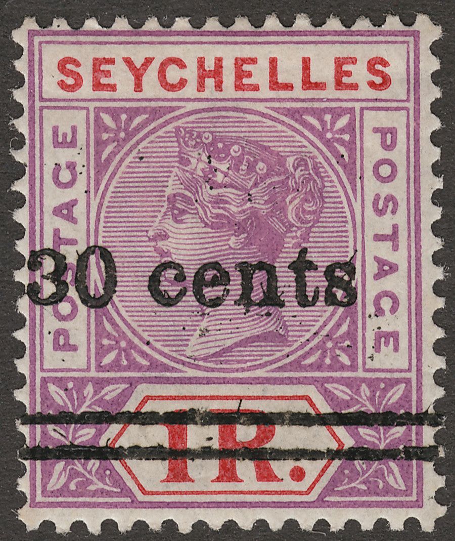 Seychelles 1902 QV 30c Surcharge on 1r Mauve + Red Var Narrow 0 in 30 Mint SG43a