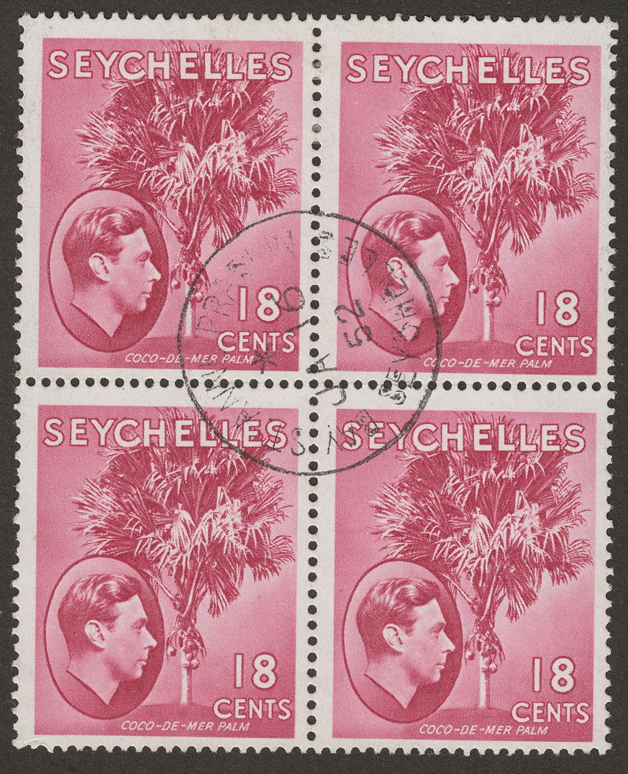 Seychelles 1949 KGVI Palm Tree 18c Rose-Carmine Four Block Used SG139cb