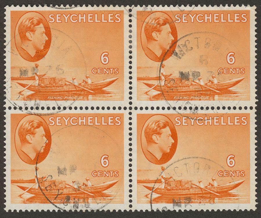 Seychelles 1938 KGVI Pirogue 6c Orange Block of Four Used SG137