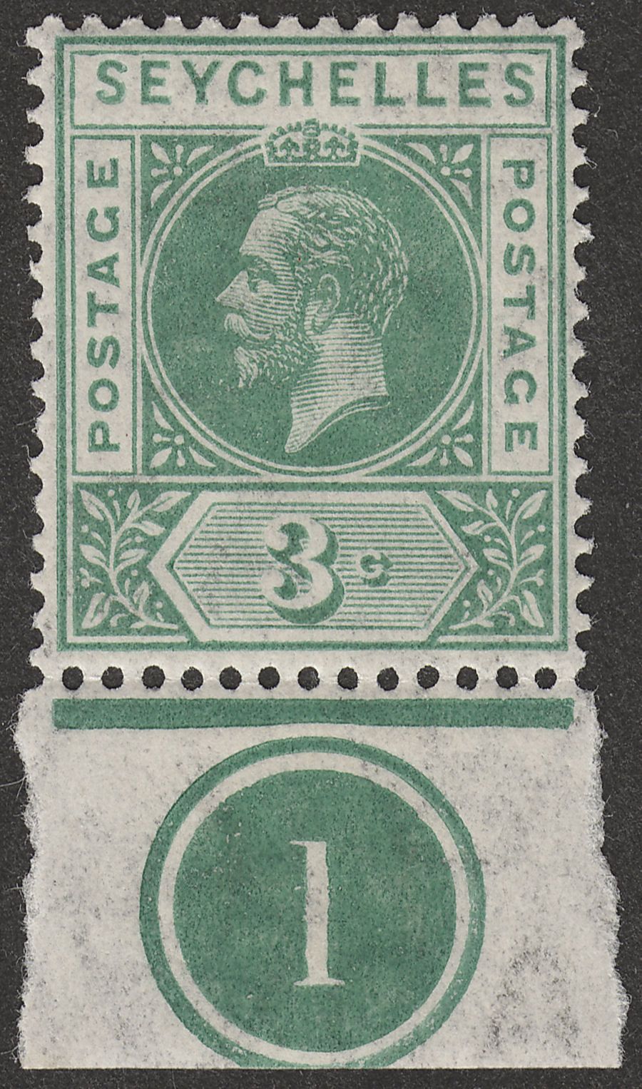 Seychelles 1912 KGV 3c Green Marginal Plate Number 1 Mint SG72