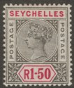 Click for more photos and details Seychelles 1900 QV 1r50c Grey and Carmine Mint SG35 cat £85