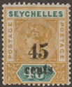 Click for more photos and details Seychelles 1893 QV 45c Surcharge on 48c Ochre and Green Mint SG20