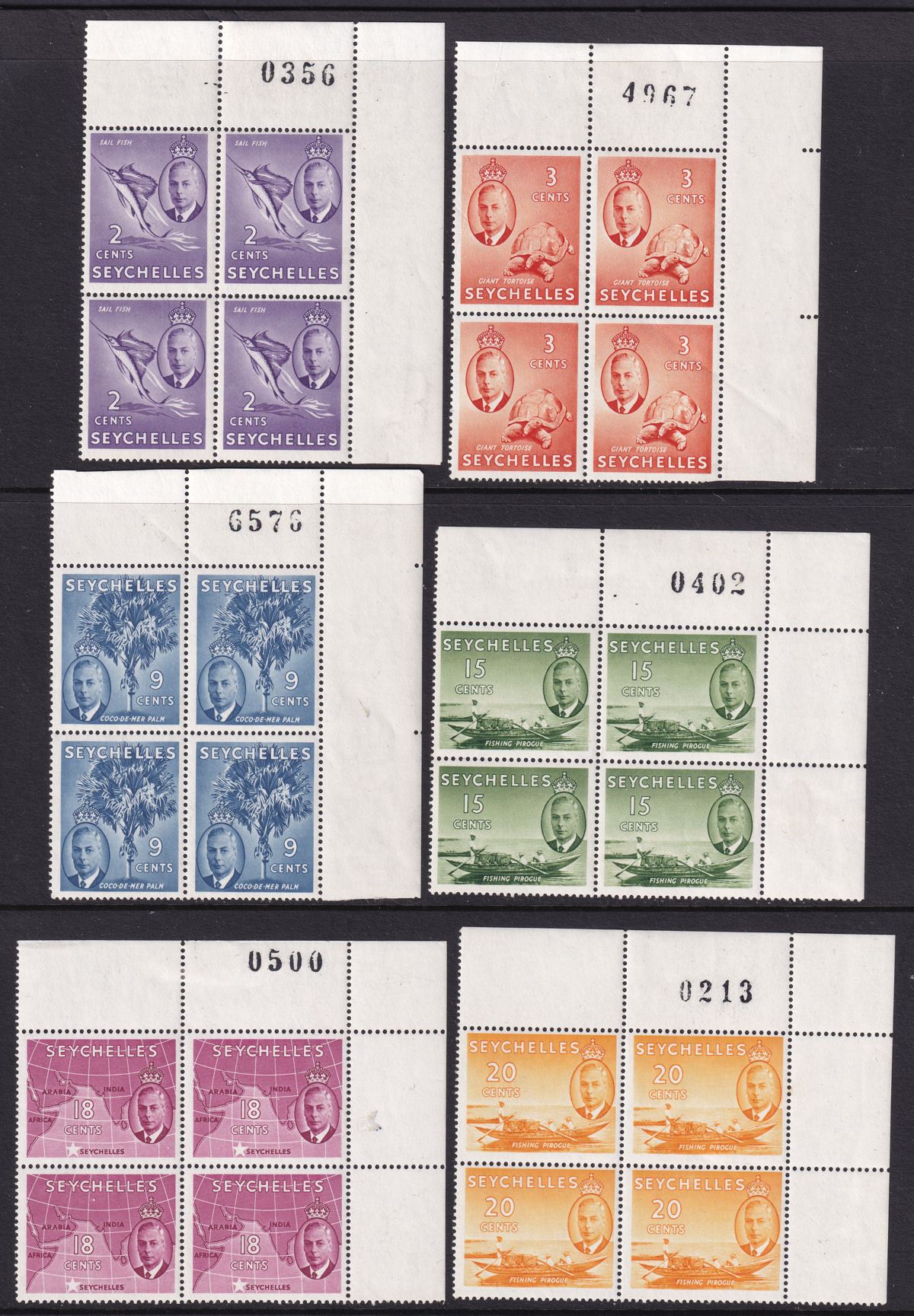 Seychelles 1952 KGVI Block Set to 1r with Sheet Numbers Mint SG158-168