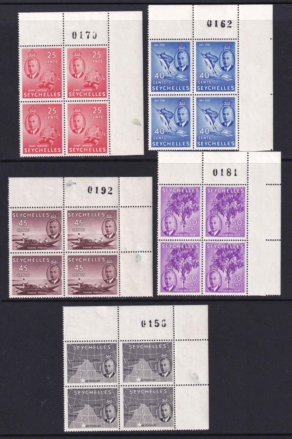 Seychelles 1952 KGVI Block Set to 1r with Sheet Numbers Mint SG158-168