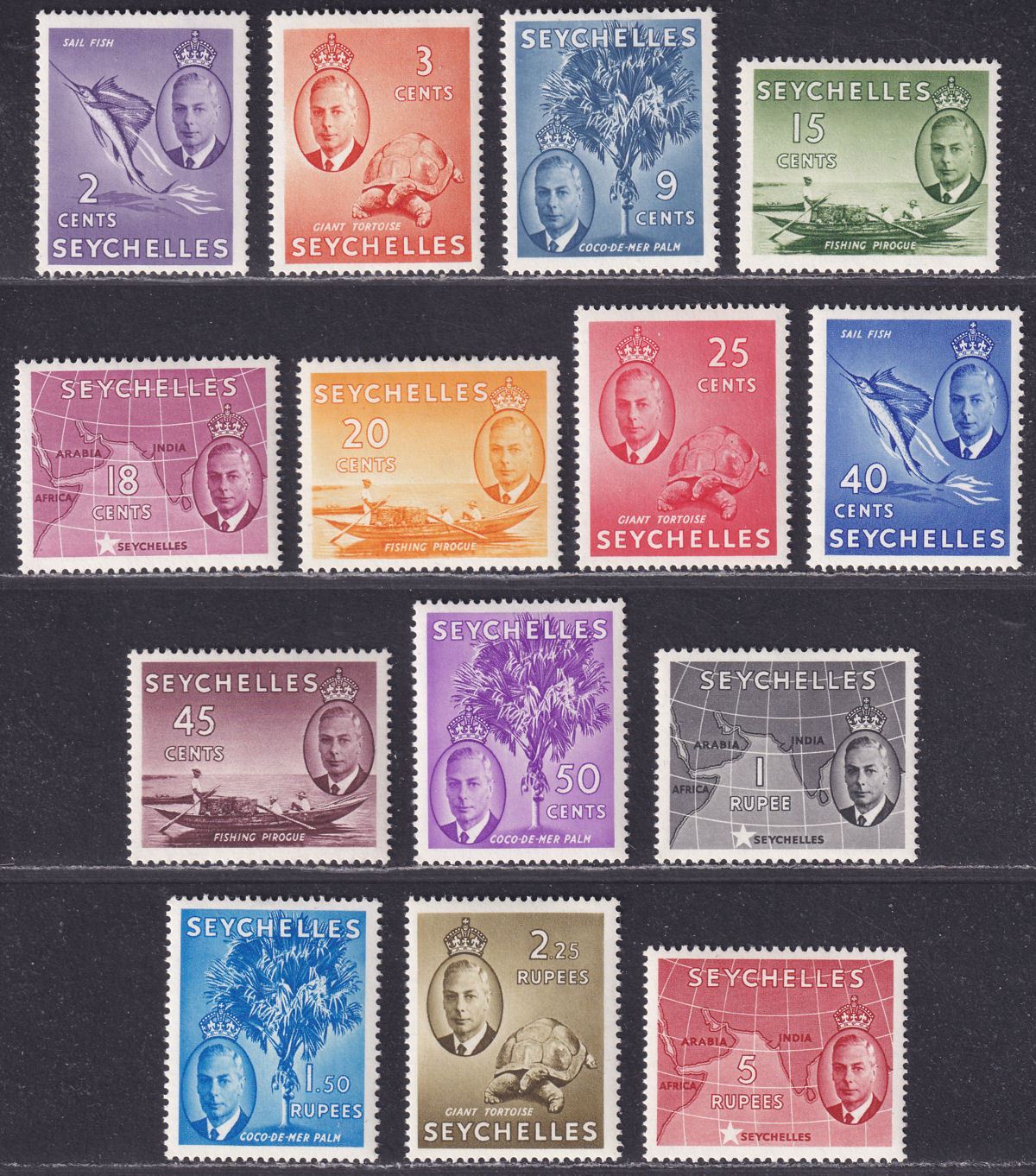 Seychelles 1952 King George VI Set to 5r Mint SG158-171 cat £60