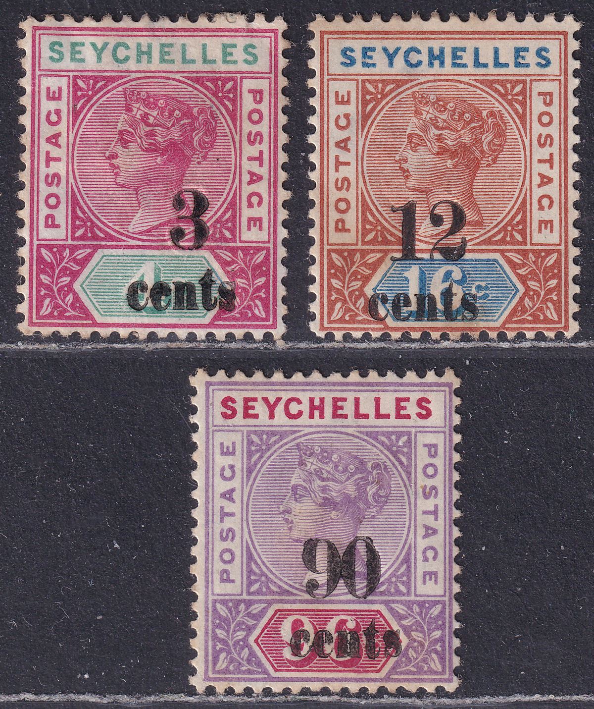 Seychelles 1893 Queen Victoria Surcharge Part Set to 90c Mint cat £90 - toning