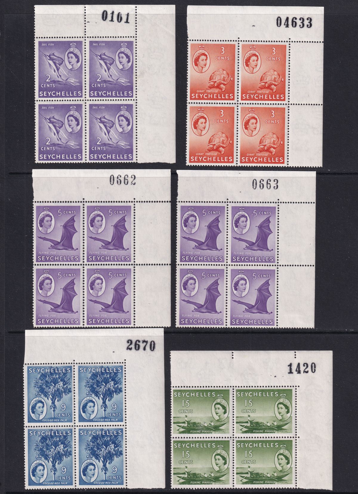 Seychelles 1954 Queen Elizabeth II Part Block Set to 1r with Sheet Numbers Mint