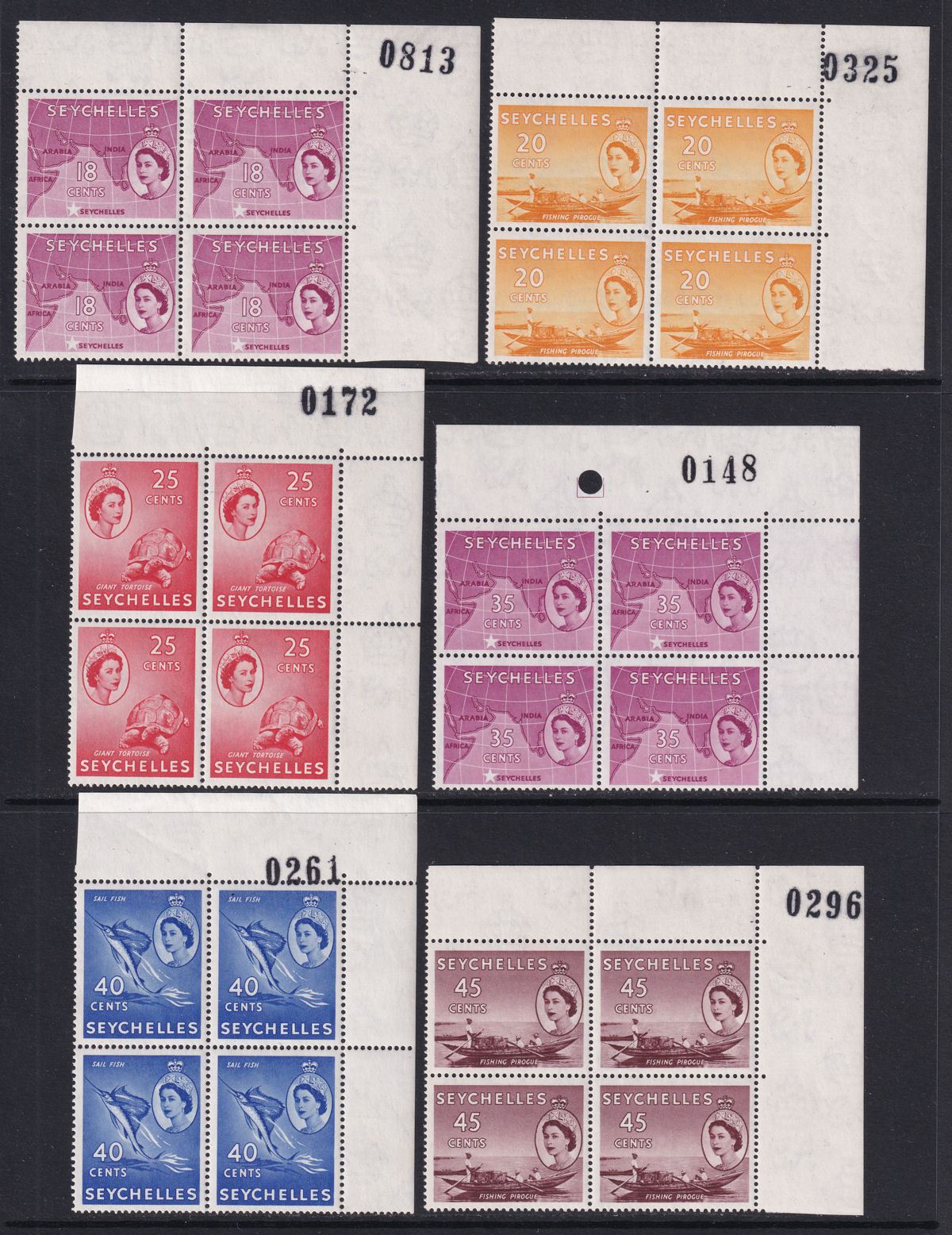 Seychelles 1954 Queen Elizabeth II Part Block Set to 1r with Sheet Numbers Mint