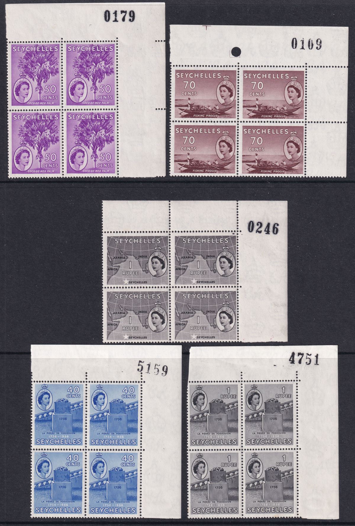 Seychelles 1954 Queen Elizabeth II Part Block Set to 1r with Sheet Numbers Mint