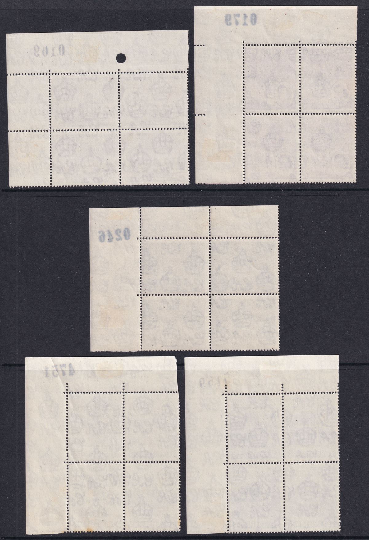 Seychelles 1954 Queen Elizabeth II Part Block Set to 1r with Sheet Numbers Mint