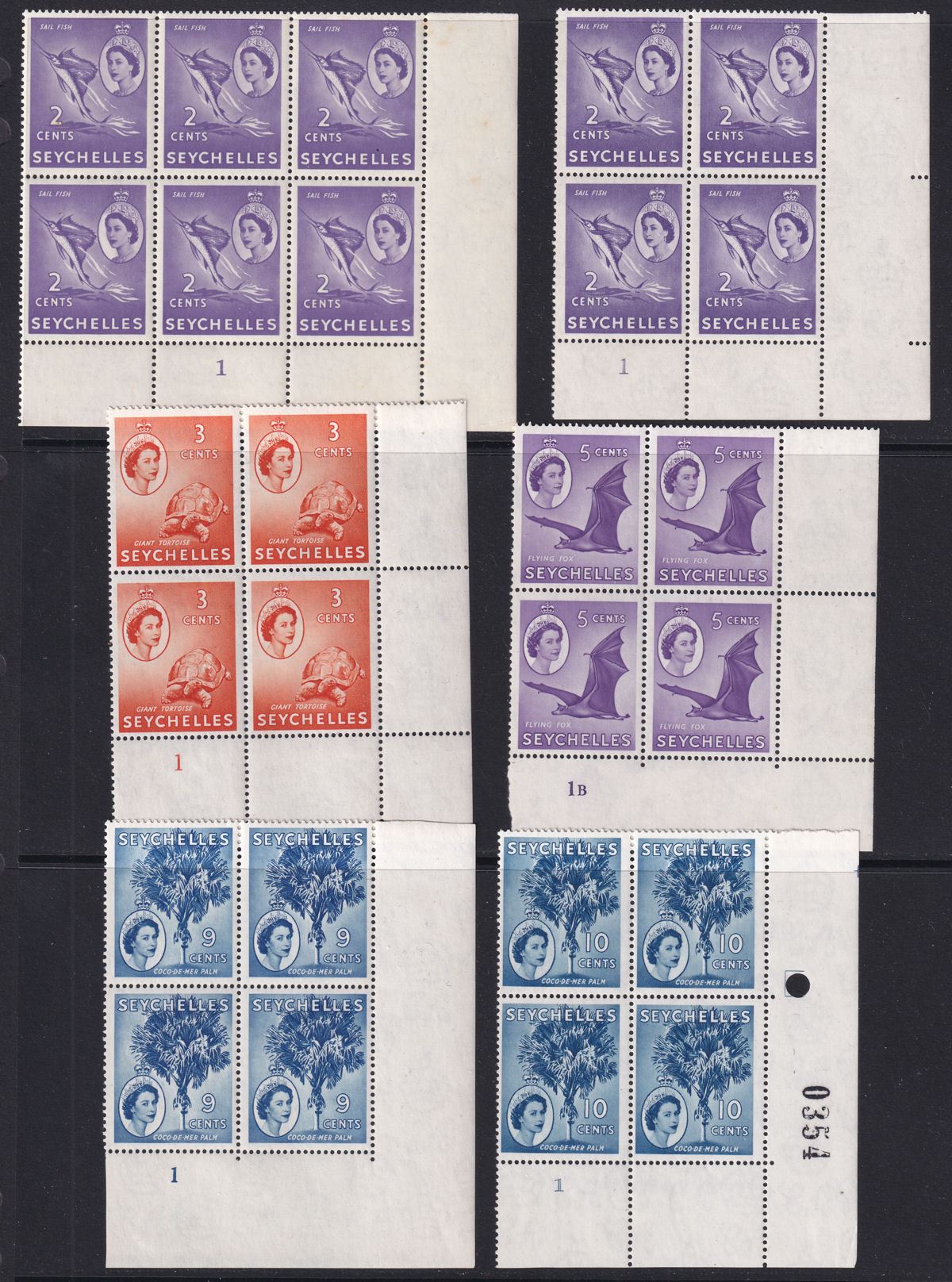 Seychelles 1954 Queen Elizabeth II Part Block Set to 1r with Plate Numbers Mint