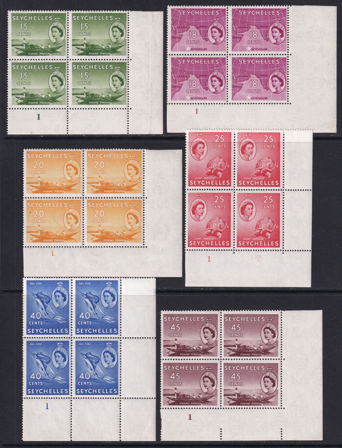 Seychelles 1954 Queen Elizabeth II Part Block Set to 1r with Plate Numbers Mint