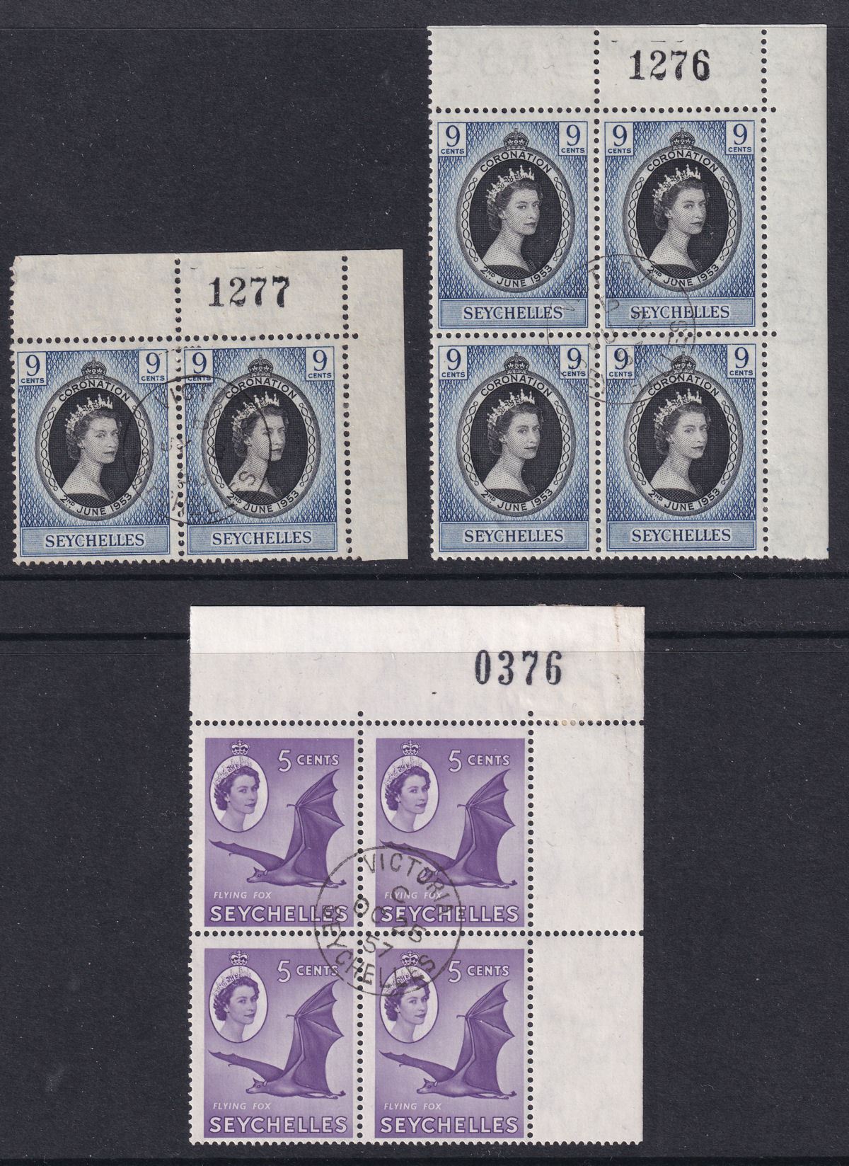 Seychelles 1953-54 QEII Coronation 9c, 2c Lilac Blocks with Sheet Numbers Used