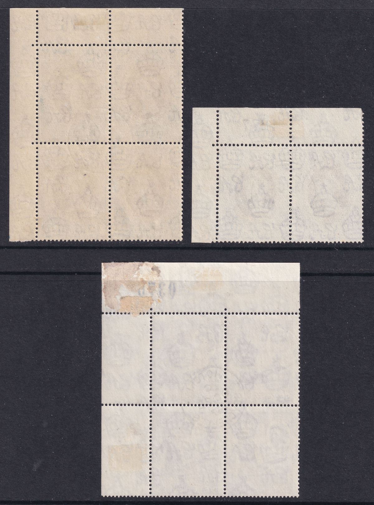 Seychelles 1953-54 QEII Coronation 9c, 2c Lilac Blocks with Sheet Numbers Used
