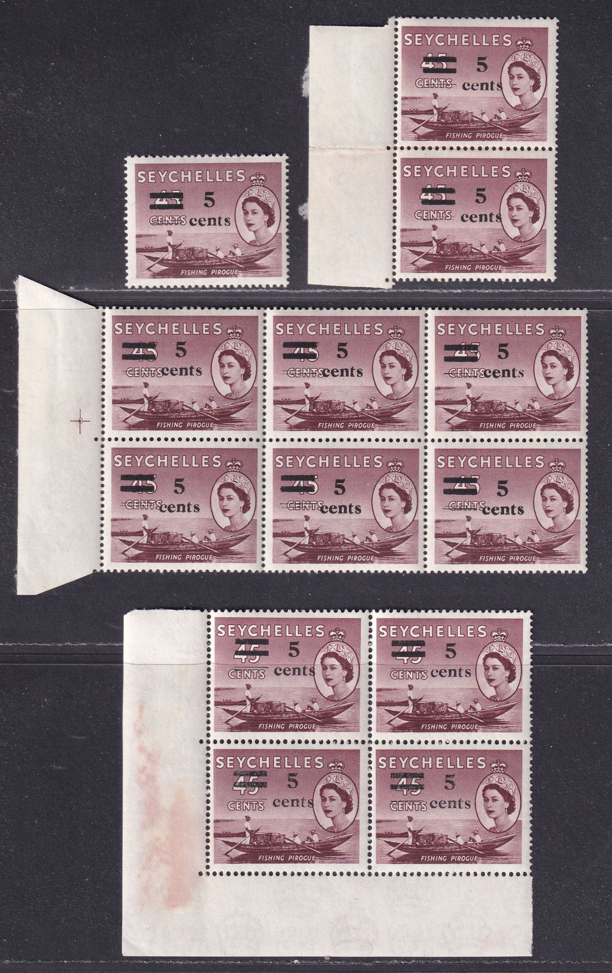 Seychelles 1957 QEII 5c on 45c Surcharge Blocks with varieties Mint SG191-191c