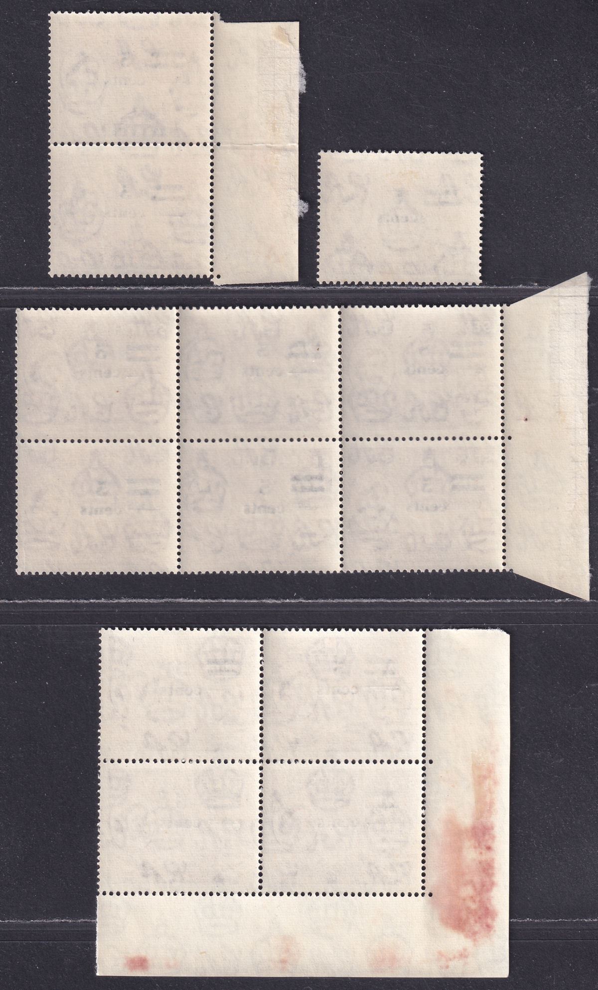 Seychelles 1957 QEII 5c on 45c Surcharge Blocks with varieties Mint SG191-191c