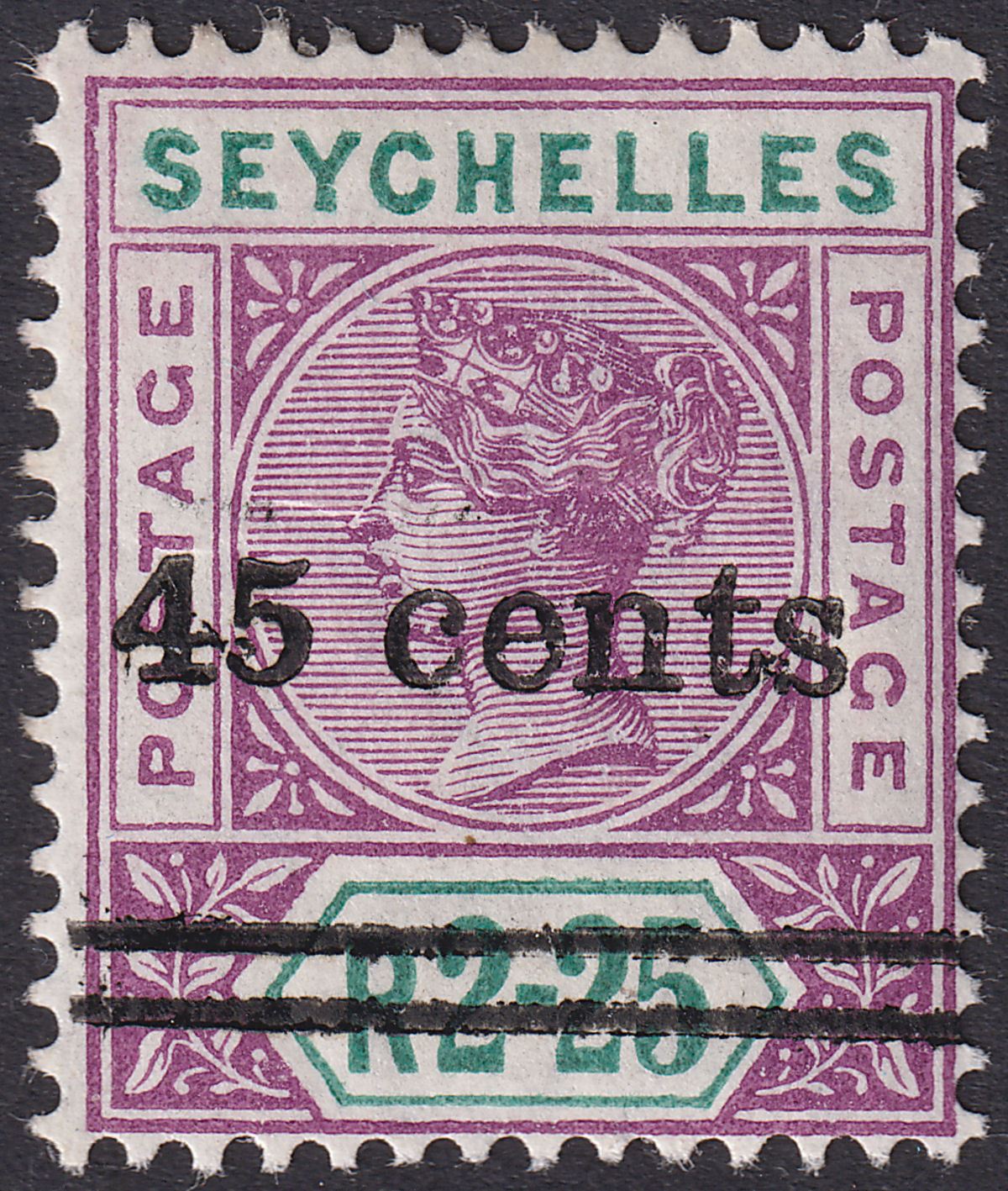 Seychelles 1902 QV 45c Surcharge on 2r25c Bright Mauve + Green Mint SG45 cat £50