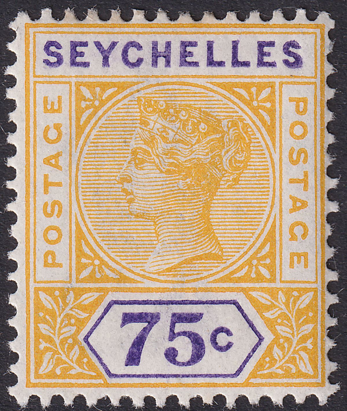 Seychelles 1900 QV 75c Yellow and Violet Mint SG33 cat £55