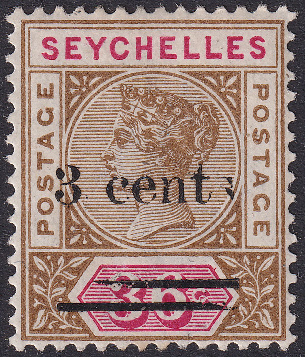 Seychelles 1901 QV 3c Surcharge on 36c with s Partially Omitted Mint SG39