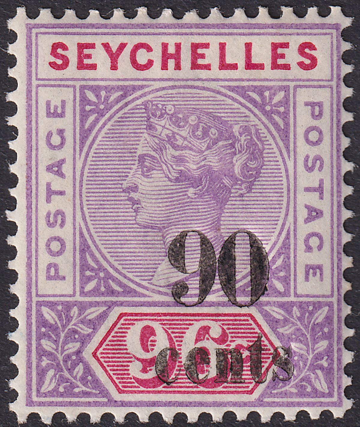 Seychelles 1893 QV 90c Surcharge on 96c Mauve and Carmine Mint SG21 cat £80