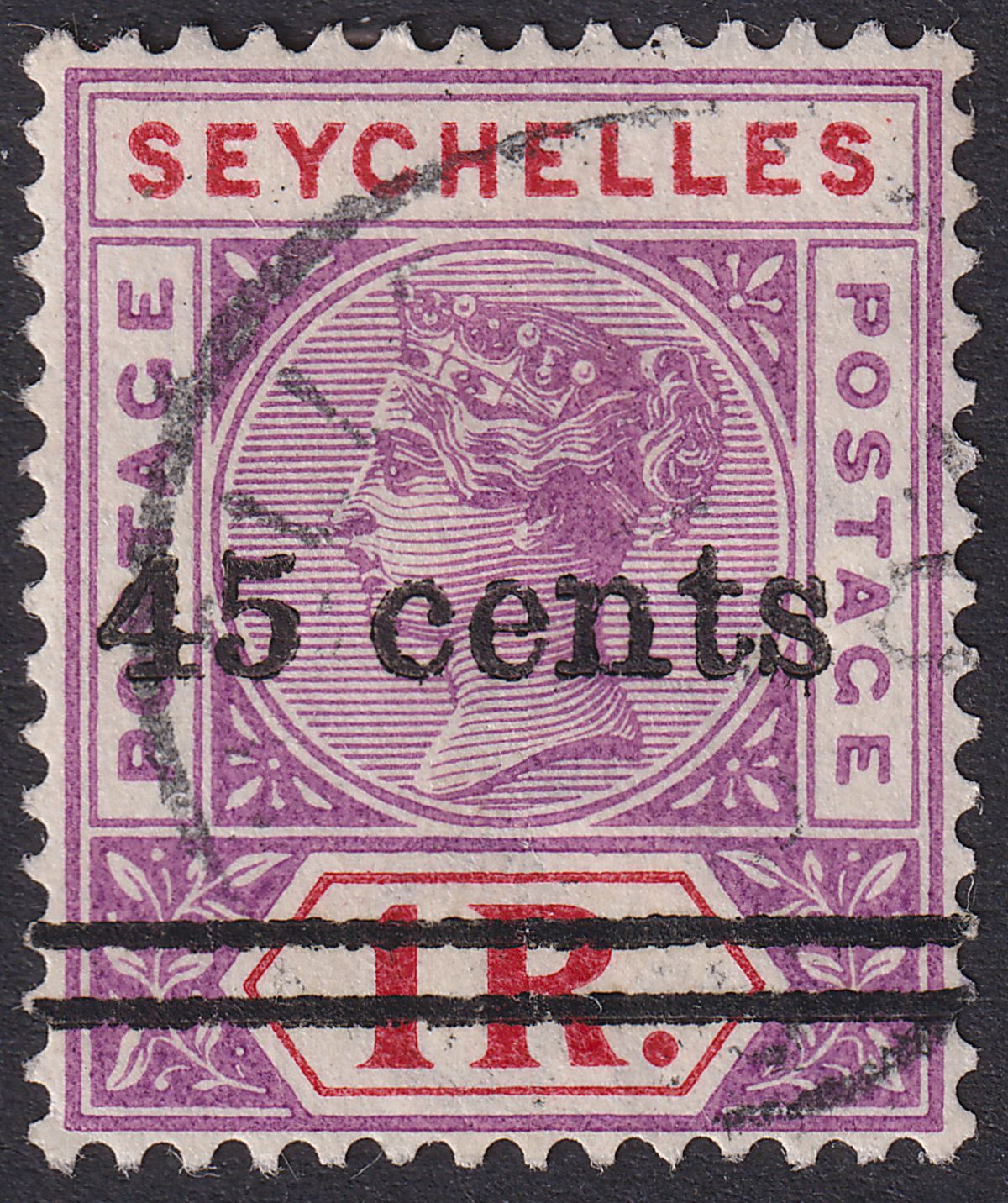Seychelles 1902 QV 45c Surcharge on 1r Bright Mauve + Deep Red Used SG44 cat £50