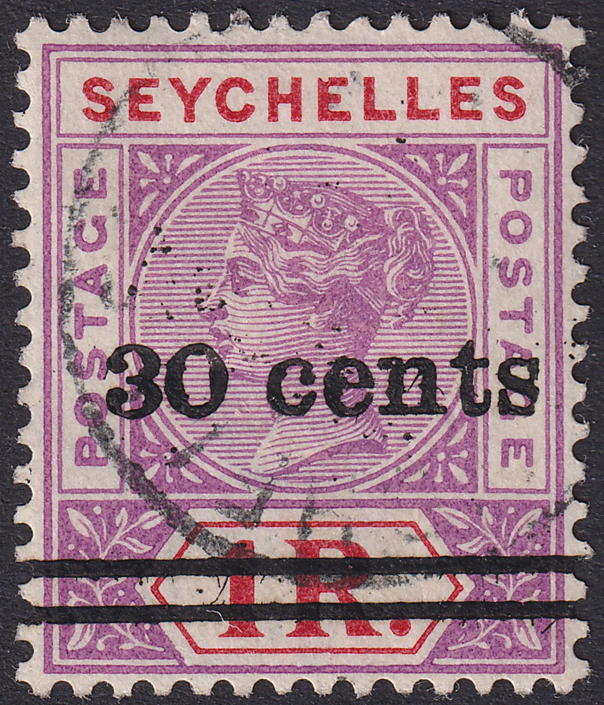 Seychelles 1902 QV 30c Surcharge on 1r Bright Mauve + Deep Red Used SG43 cat £50