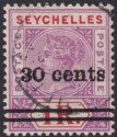 Seychelles 1902 QV 30c Surcharge on 1r Bright Mauve + Deep Red Used SG43 cat £50
