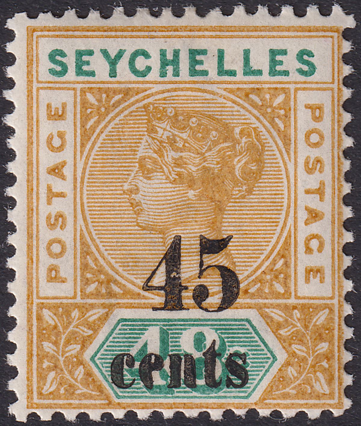 Seychelles 1893 QV 45c Surcharge on 48c Ochre and Green Mint SG20 cat £40