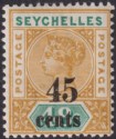 Seychelles 1893 QV 45c Surcharge on 48c Ochre and Green Mint SG20 cat £40