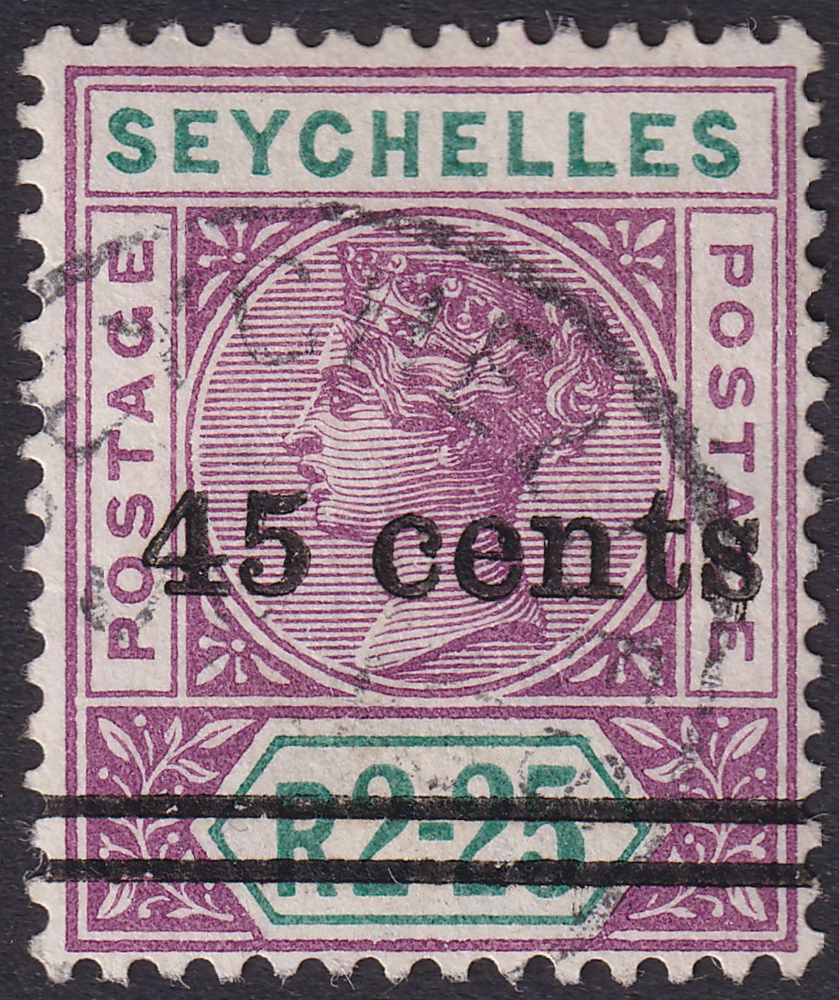 Seychelles 1902 QV 45c Surcharge on 2r25c Bright Mauve + Green Used SG45 cat£100