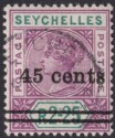 Seychelles 1902 QV 45c Surcharge on 2r25c Bright Mauve + Green Used SG45 cat£100