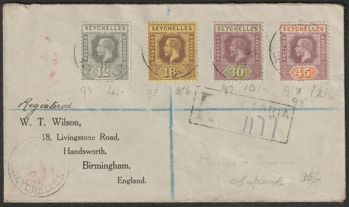 Seychelles 1919 KGV 12c, 18c, 30c and 45c Used on Wilson Registered Cover to UK